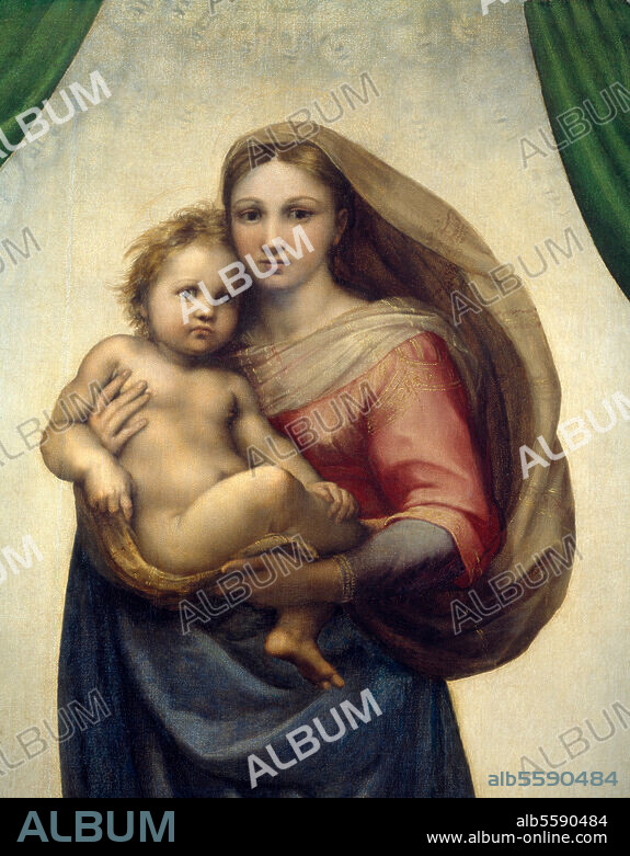 RAPHAEL. Raffael, eigentl. Raffaello Santi 1483-1520. "Die Sixtinische Madonna", um 1513. (Ausschnitt: Maria mit Kind). Öl auf Leinwand, 265 × 196 cm. Dresden, Gemäldegalerie, Alte Meister.