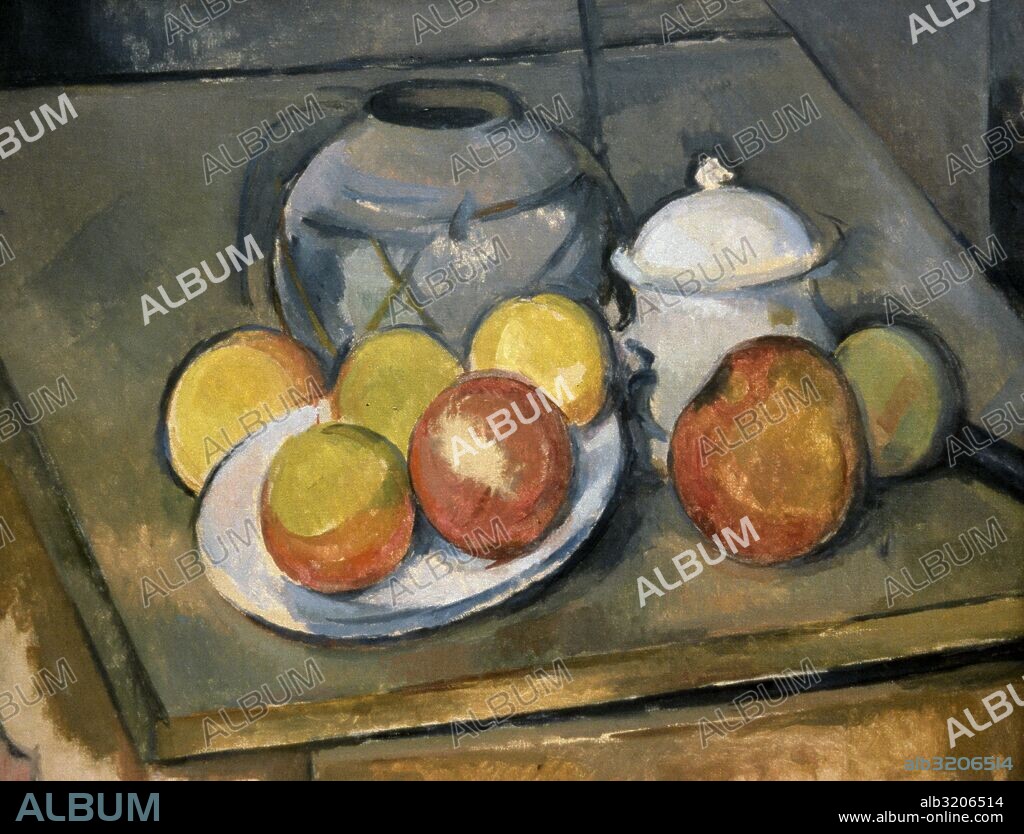 Paul Cezanne (1839-1906). Post-Impressionist. Still life wih straw-Trimmed vase, sugar bowl and Apples, 1890-1893. Orangerie Museum. Paris. France.