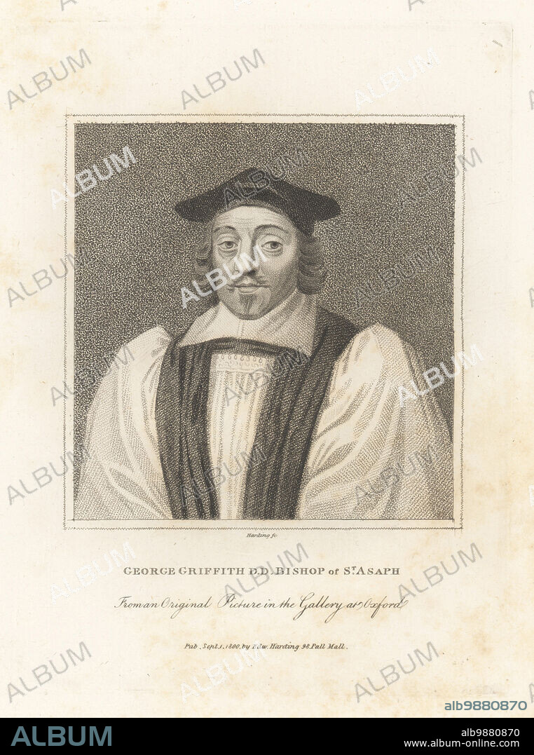 George Griffith, Bishop of St. Asaph, 1601-1666. Welsh academic educated at Westminster School, later tutor and preacher at Christ Church, Oxford. In cap, ecclesiastical robes. From a painting in the university. Copperplate engraving by Edward Harding from John Adolphus The British Cabinet, containing Portraits of Illustrious Personages, printed by T. Bensley for E. Harding, 98 Pall Mall, London, 1799.