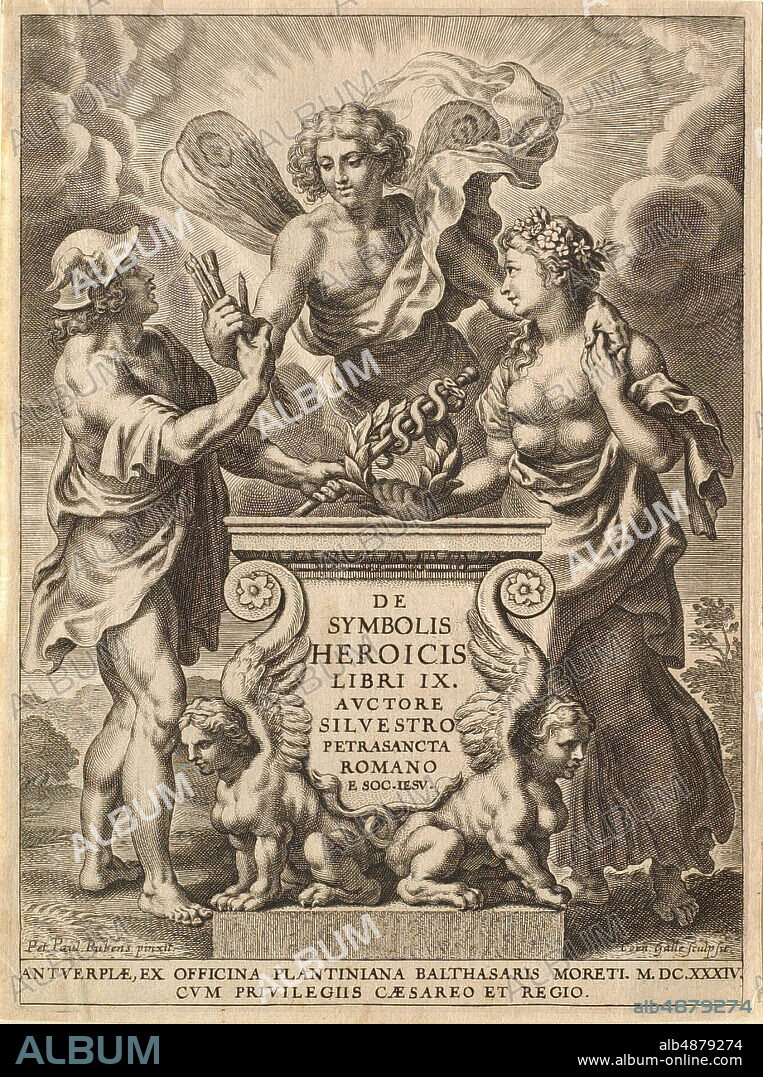 Cornelis Galle I, Flemish, 1576-1650, After Peter Paul Rubens, (Flemish, 1577-1640), Frontispiece for Silvester Petra-Sancta, Nine Books about Heroic Emblems, Antwerp, 1634, Engraving on paper, sheet: 7 5/8 x 5 3/4 in. (19.3 x 14.6 cm).
