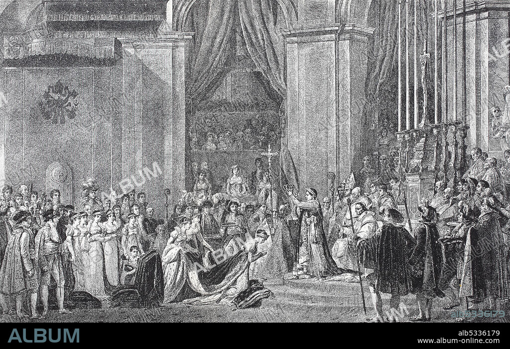 The Coronation of Napoleon and Josephine in Notre Dame in Paris on 2 December 1804 France, Napoleon Bonaparte as Emperor Napoleon I.  /   Die Krönung von Napoleon und Josephine in Notre Dame zu Paris am 2. Dezember 1804, Frankreich, Napoleon Bonaparte, als Kaiser Napoleon I., Historisch, historical, digital improved reproduction of an original from the 19th century / digitale Reproduktion einer Originalvorlage aus dem 19. Jahrhundert,.