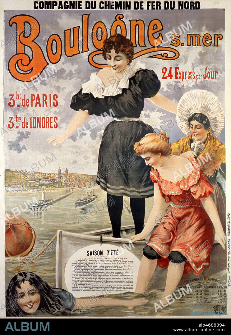 BOULOGNE-SUR-MER: Affiche de tourisme vers 1890-1900 ' Compagnie du chemin de fer du nord 24 express par jour saison d'ete' . Illustration anonyme. Credit Collection PERRIN/Kharbine Tapabor.