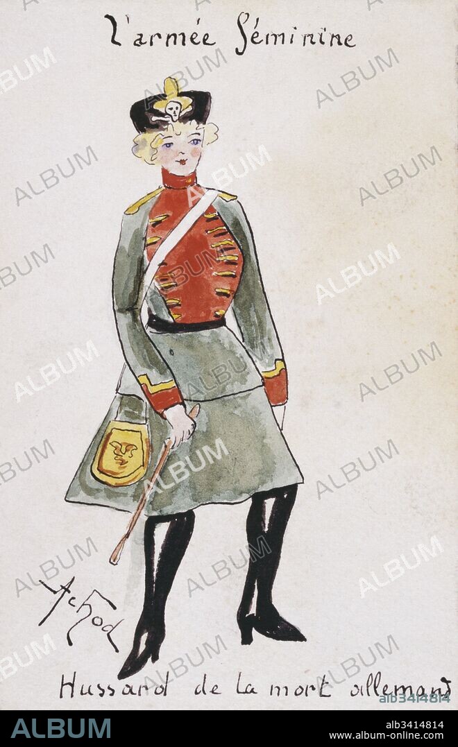 French art nouveau postcard satirising women in military uniform 1900: German Hussar.