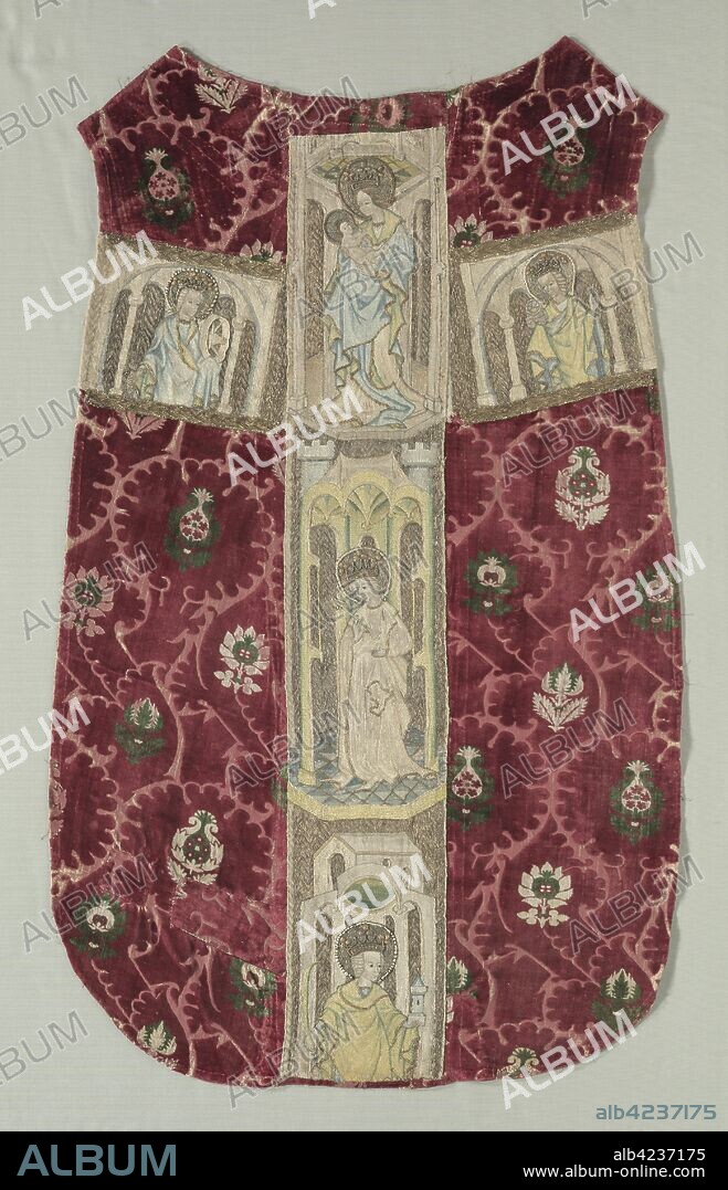 Chasuble Back with Embroidered Orphrey Band, 1415-1425. Italy (chasuble ground); Austria, Graz (orphrey). Polychrome velvet: cut pile and voided; Embroidery: silk, gold and silver thread; split and couching stitches; overall: 119.4 x 74.9 cm (47 x 29 1/2 in.).