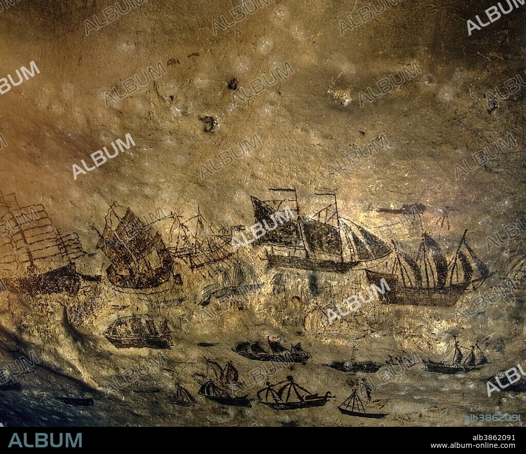 Viking Cave, Wai King Cave, historical wall paintings of various ships, Ko Phi Phi Lee, Phi Phi Islands, Krabi Province, Southern Thailand, Thailand, Asia.