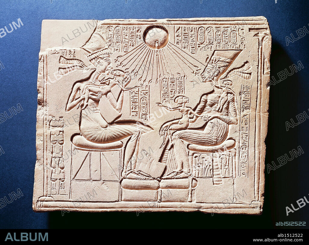 Egyptian civilization, New Kingdom, Dynasty XVIII. Relief portraying King Amenhotep IV (Akhenaten) with his wife Nefertiti and their children under the rays of Aten. From Tell el-Amarna.