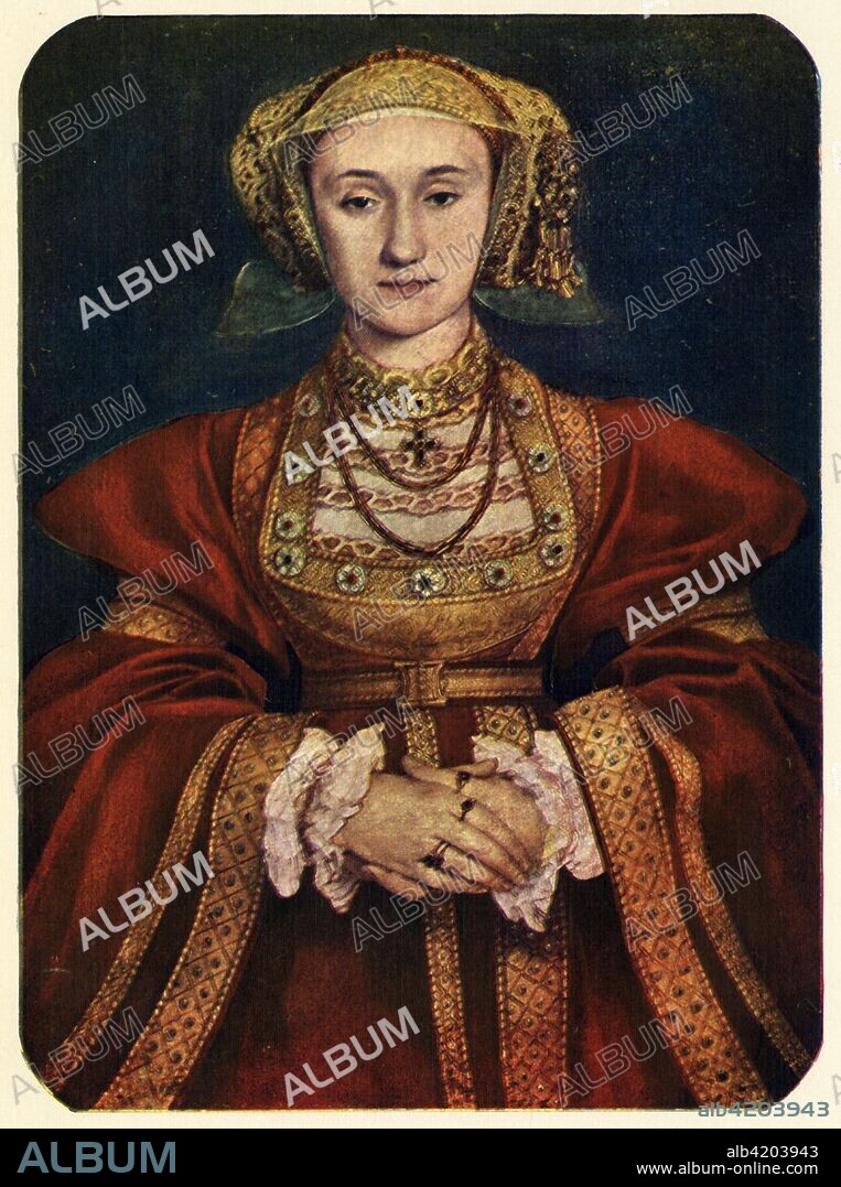 'Anne of Cleves', 1539, (1909). Henry VIII married Anne (1515-1557), a German Protestant princess, in 1540 for political reasons at the urging of his Chancellor, Thomas Cromwell. Hans Holbein painted this portrait of Anne for Henry who, finding her appearance on canvas to his liking, agreed to the marriage. In the flesh however, he found her considerably less attractive, and the marriage was annulled after only six months. Painting in the Louvre Museum, Paris. From Holbein - Masterpieces in Colour, by S. L. Bensusan. [T. C. & E. C. Jack, Frederick A. Stokes Co., London & New York, 1909].