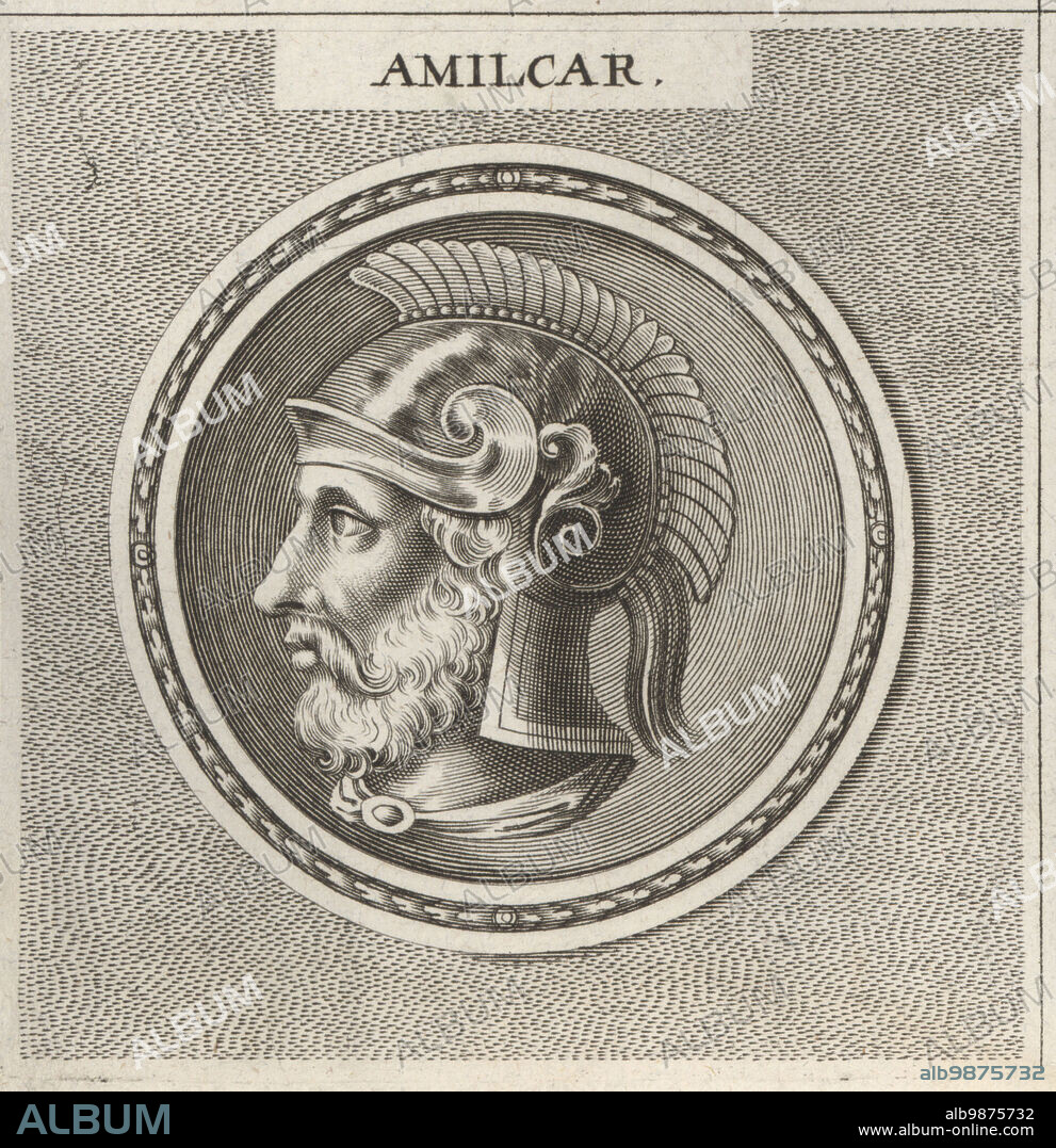 Hamilcar I of Carthage, Magonid general and king, c.510-480 BC. Son of Hanno, father of Gisco, killed at the Battle of Himera, Sicily. Head of bearded man in crested helmet. Amilcar. Copperplate engraving after an illustration by Joachim von Sandrart from his LAcademia Todesca, della Architectura, Scultura & Pittura, oder Teutsche Academie, der Edlen Bau- Bild- und Mahlerey-Kunste, German Academy of Architecture, Sculpture and Painting, Jacob von Sandrart, Nuremberg, 1675.