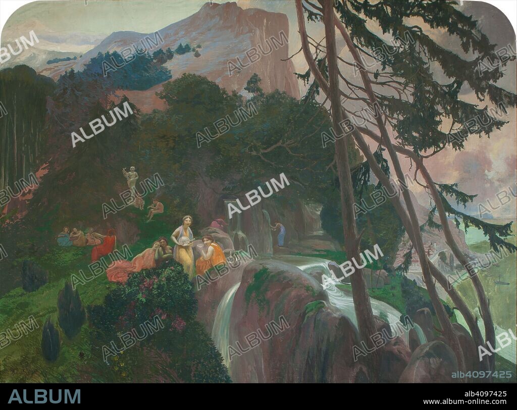 PAUL-ALBERT BESNARD. Nymphs at the source in an Arcadian landscape.