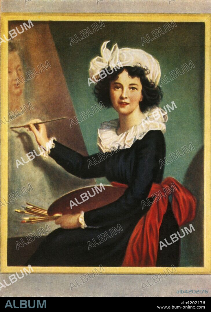 'Elisabeth Louise De Vigee-Lebrun', (1933). Portrait of French painter Élisabeth Louise Vigée Le Brun (1755-1842). Also known as Madame Lebrun, she was a prominent artist, and was portrait painter to Marie Antoinette of France. After a miniature by Dumont. From "Gestalten Der Weltgeschichte", a book of cigarette-card portrait miniatures of figures in world history from the last four hundred years. [Germany, 1933].