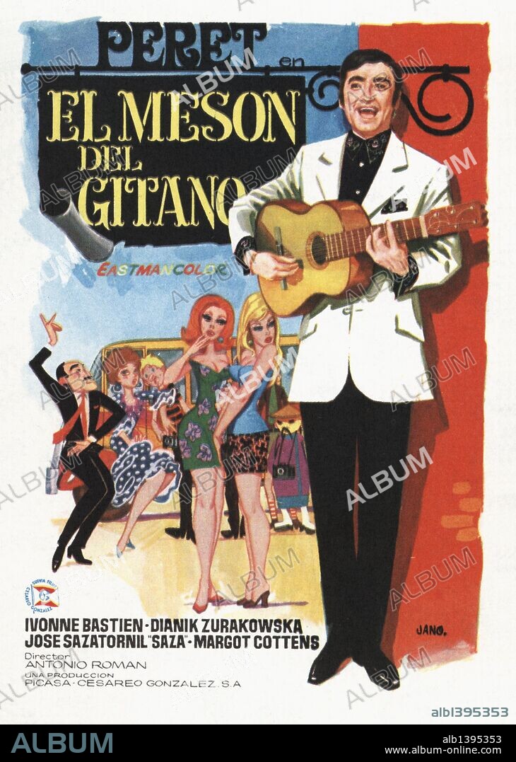 Cartel de la película El Mesón del Gitano, ilustrado por Jano, con Peret e Ivonne Bastién, dirigida por Antonio Román. España, 1969.