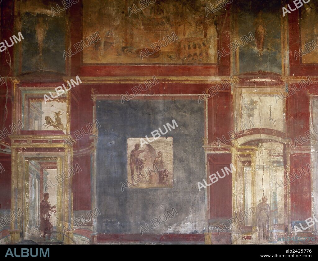 ARTE ROMANO. ITALIA. Pintura pompeyana que adornaba la pared del fondo del MACELLUM o Mercado (siglo I d. C.). Zona del Foro. Pompeya. La Campania.