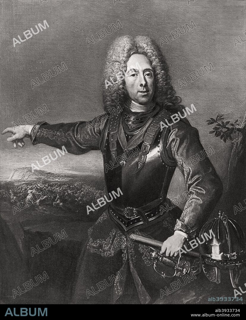 Prince Eugene of Savoy, French-born Austrian soldier, 1718 (1906). From the original painting by Jacobus van Schuppen, in the Rijks Museum, Amsterdam. Regarded as one of the outstanding military strategists of his time, in the War of the Spanish Succession Eugene of Savoy (1663-1736) was one of the allied commanders supporting John Churchill, Duke of Marlborough (1650-1722)  with whom he participated in the victory at Blenheim. He also fought against the Turks, notably taking Belgrade from them in 1718, and went on to become Governor of the Austrian Netherlands. A print from Queen Anne, by Herbert Paul, Goupil and Co, London, 1906.