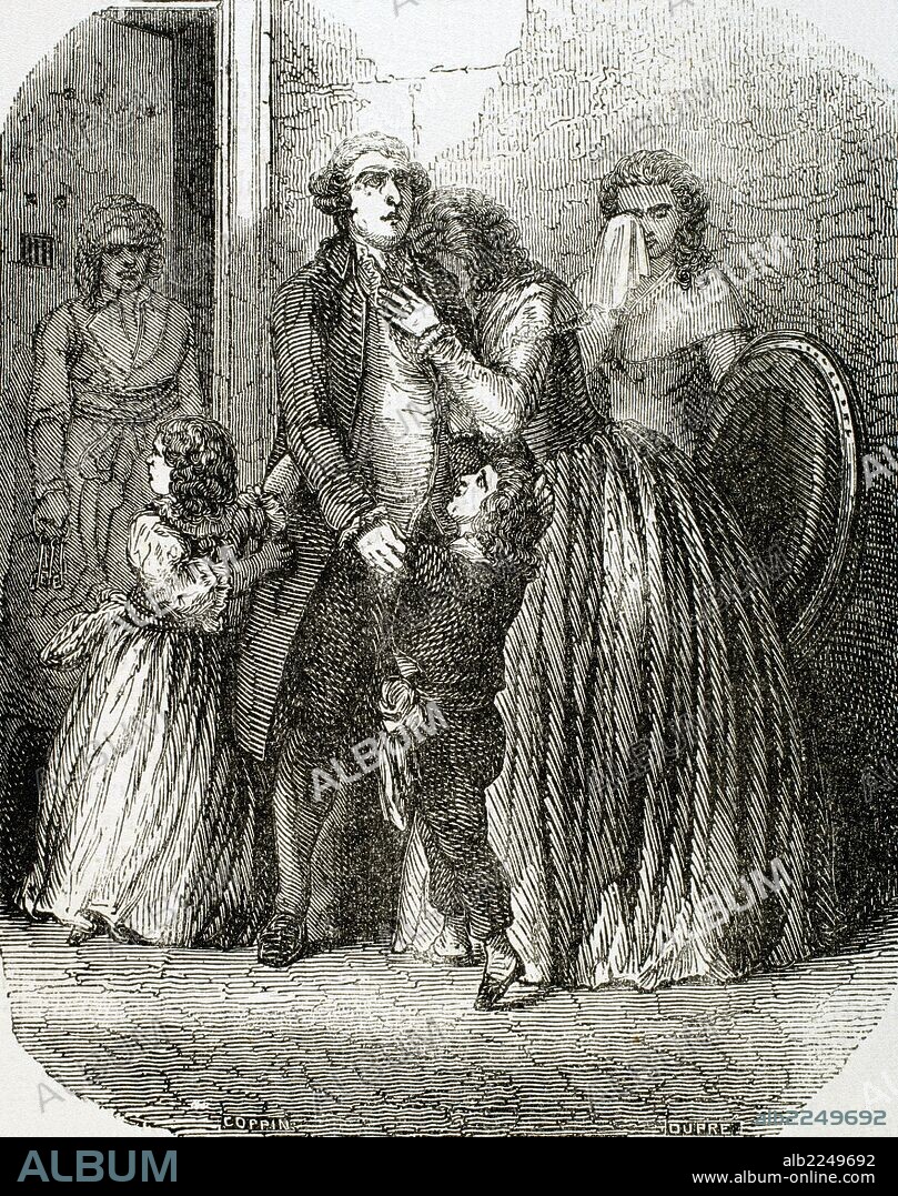 LUIS XVI (Versalles, 1754-París, 1793). Rey de Francia (1774-1792) y nieto de Luis XV. Contrajo matrimonio con María Antonieta y se opuso al Tercer Estado, intentando frenar el proceso revolucionario. "Despedida de Luís XVI de su familia". Contexto de la Revolución Francesa. Grabado.