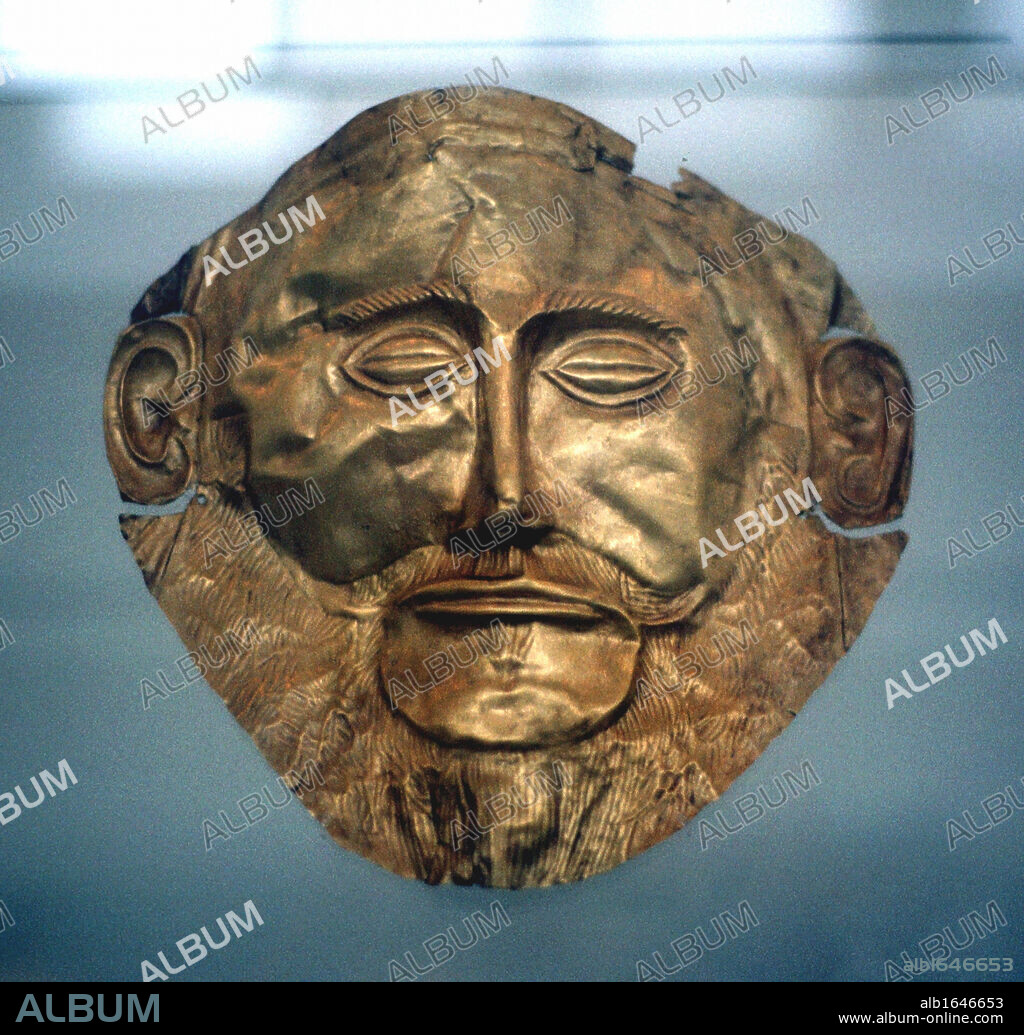 Agamemnon, legendary king of Mycenae and leader of the punitive Greek expedition against Troy. Gold funerary mask, Mycenae c1600-1500 BC reputed to be that of Agamemnon.