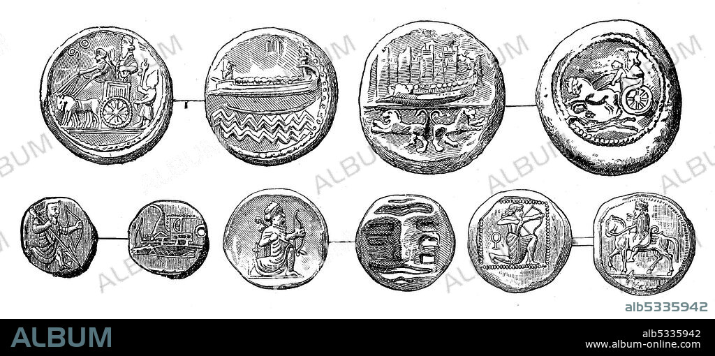 Coins from ancient Persia, coinage, shekels, daric, about 50 AD.  /  Muenzen aus dem alten Persien, Muenzwesen, Schekel, Dareike, ca 50 n.Chr., Historisch, historical, digital improved reproduction of an original from the 19th century / digitale Reproduktion einer Originalvorlage aus dem 19. Jahrhundert,.