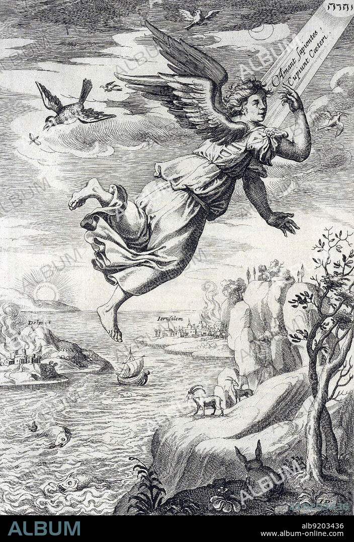 The most influential Christian angelic hierarchy was that put forward by Pseudo-Dionysius the Areopagite (4th or 5th century) in his book De Coelesti Hierarchia (On the Celestial Hierarchy). He created a schema of three hierarchies (spheres or triads of angels), with each hierarchy containing three orders or choirs. Angels of the first sphere serve as the heavenly counselors. A seraph is an angelic being, regarded in traditional Christian angelology as belonging to the highest order of the ninefold celestial hierarchy, associated with light, ardor, and purity. Tradition places seraphs in the fifth rank of ten in the Jewish angelic hierarchy. Taken from "The Hierarchy of the Blessed Angels. Their names, orders and offices the fall of Lucifer with his angels" by Thomas Heywood. Copper-plate engravings by Adam Islip, 1635.