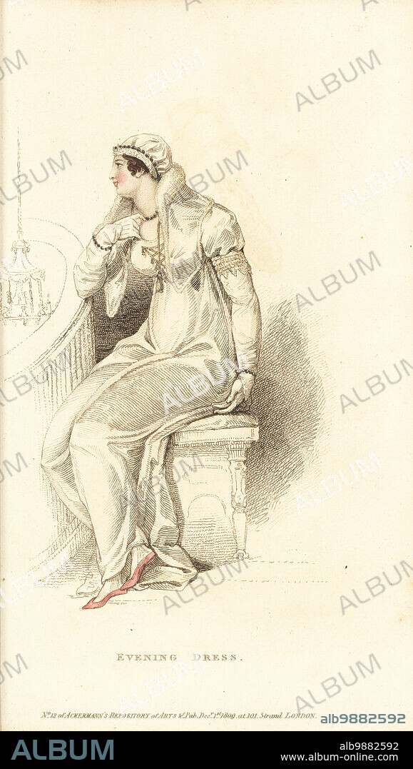 Regency woman in evening dress on a balcony, 1809. White satin