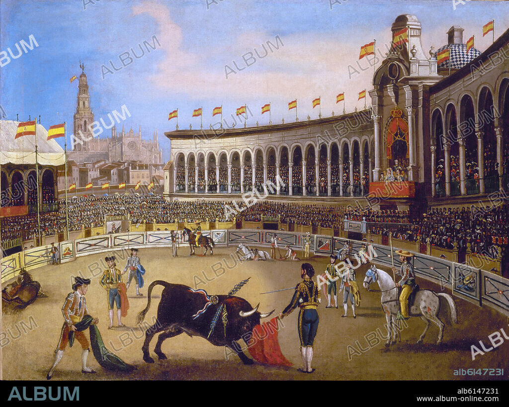 ANONYMOUS. ISABEL II EN SEVILLA 1862 - REYES PRESIDIENDO UNA CORRIDA DE TOROS.