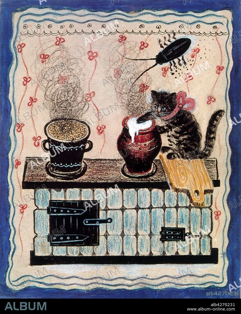 The cat and the Porridge, 1935 by Yuri Vasnetsov (1900-1973), Soviet painter and graphic artist. His work was closely linked with the traditions of Russian folk art.