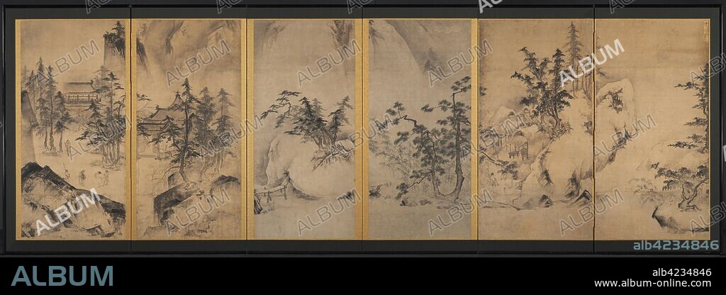 Winter and Spring Landscape, first half of the 15th Century. Attributed to Tensho Shubun (Japanese). Six-fold screen, ink and slight color on paper; image: 117.4 x 343.5 cm (46 1/4 x 135 1/4 in.); overall: 131.4 x 381.6 cm (51 3/4 x 150 1/4 in.); closed: 70 x 12 cm (27 9/16 x 4 3/4 in.); panel: 131.4 x 62 cm (51 3/4 x 24 7/16 in.); with frame: 135.2 x 385.4 cm (53 1/4 x 151 3/4 in.).