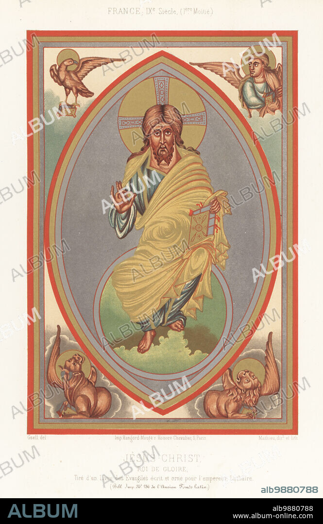 Miniature of Jesus Christ at his ascension. In halo, seated with the globe in right hand and gospels in his left, the four evangelists as allegorical figures of an angel, eagle, bull and lion. Jesus Christ, Roi de Gloire, France IXe Siecle. Taken from the Gospels of Lothair, MS 256, Anciens Fonds Latin, Bibliotheque Imperiale. Chromolithograph by Mathieu after an illustration by Gsell from Charles Louandres Les Arts Somptuaires, The Sumptuary Arts, Hangard-Mauge, Paris, 1858.