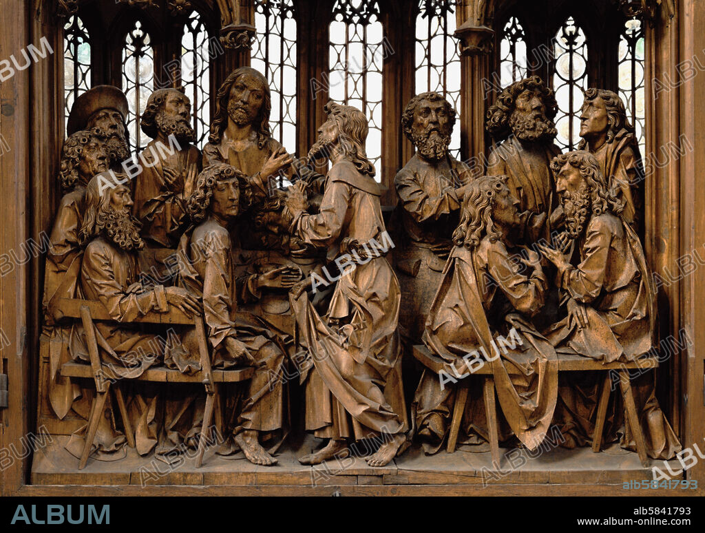 TILMAN RIEMENSCHNEIDER. " Heiligblut-Altar", altar of the Holy Blood, detail: center panel, Jesus breaks the bread and announces that one of the disciples will betray him. Judas with money-bag in the foreground. 1500-1504 Lime-wood See 40-03-07 / 45-49.