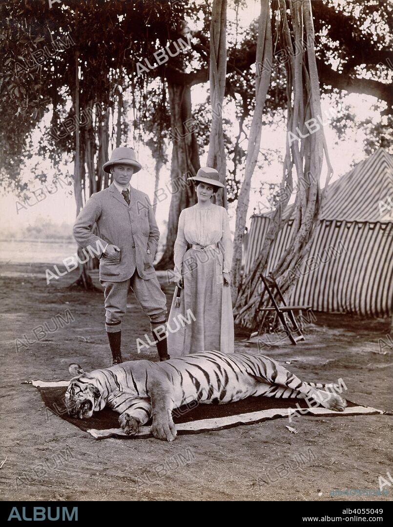 DEEN DYAL. Lord and Lady Curzon. Sir Hugh Shakespear Barnes Collection: Loose Print. India, 1902. A portrait of their Excellencies Lord and Lady Curzon with first day's bag in camp near Nedonda, Waragal district, Hyderabad.  Image taken from Sir Hugh Shakespear Barnes Collection: Loose Prints Of India And Burma.  Originally published/produced in India, 1902. . Source: OIOC Photo 556/3(62),.