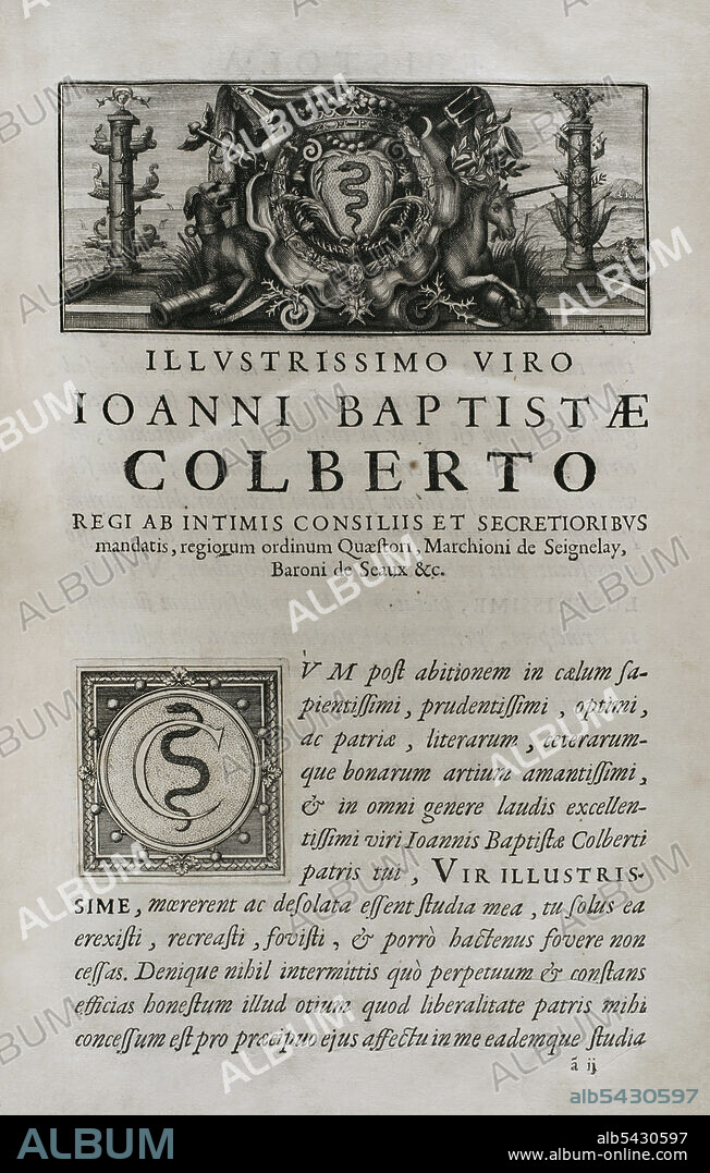 PIERRE DE MARCA (1594-1662). FRENCH HISTORIAN.. Illustrissimo Viro Ioanni Baptistae Colberto (Ilustre Juan Bautista Colbert, marques de Seignelay (1651-1690). " Marca Hispanica sive limes hispanicus". Obra escrita en latín por Pierre de Marca (1594-1662). En 1656 recibió el encargo de formalizar el tratado fronterizo entre los reinos de Francia y España, trabajos que quedaron reflejados en esta colección compuesta por cinco libros, dando a conocer al pueblo francés la provincia anexionada de Cataluña en 1641. Etienne Baluze la amplió y editó. Publicada en París por François Muguet en 1688. Biblioteca Histórico Militar de Barcelona. Cataluña. España.