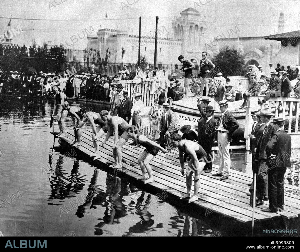 The swimming start of the100 yard sprint, won by Zoltan von Halmay (Hungary) extreme left. World Fair Olympic Games, St Louis, 1904. The Olympic Games page 53.
