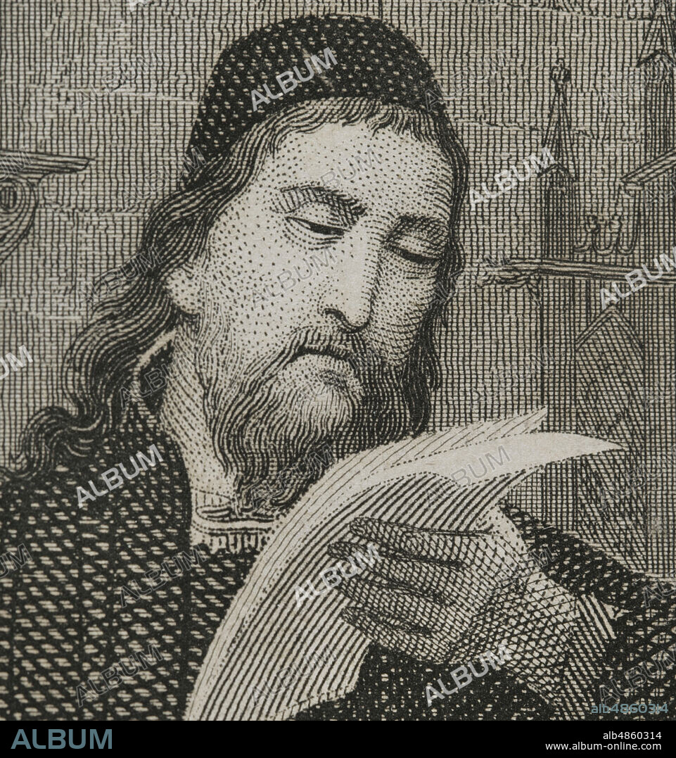 Ramón Llull (c. 1232-1316). Religioso, filósofo, poeta, místico, teólogo y misionero mallorquín. Conocido como"el doctor iluminado". Ilustración por Cava. Grabado por Roca. Detalle. Historia de Cataluña y de la Corona de Aragón, por Victor Balaguer. Barcelona,1861.