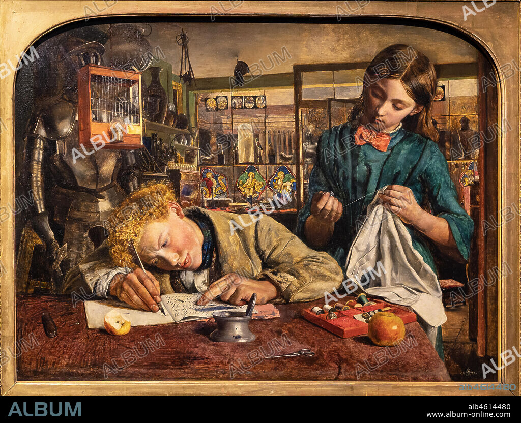 "Kit's Writing Lesson", (1852) by Robert Braithwaite Martineau (1826 - 1869); oil painting on canvas.