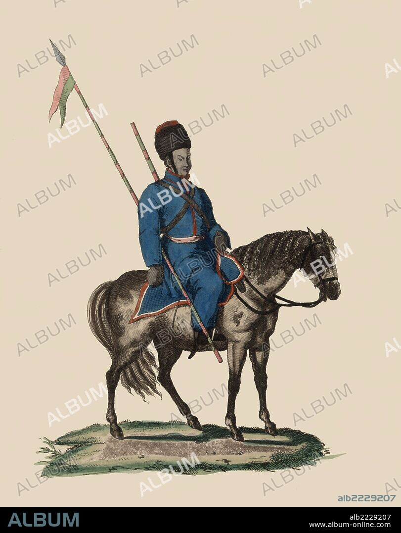Caballero kalmouck (calmuco), pueblo mongol de Asia central. Grabado del siglo XIX.