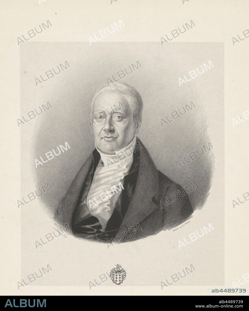 Portrait of possibly David Haim Henriques de Castro, Under the portrait the family crest of the Orobio de Castro family, historical persons (full bust portrait), armorial bearing, heraldry, Leonard de Koningh (mentioned on object), Dordrecht, 1822 - 1845, paper, h 340 mm × w 280 mm h 485 mm × w 355 mm.