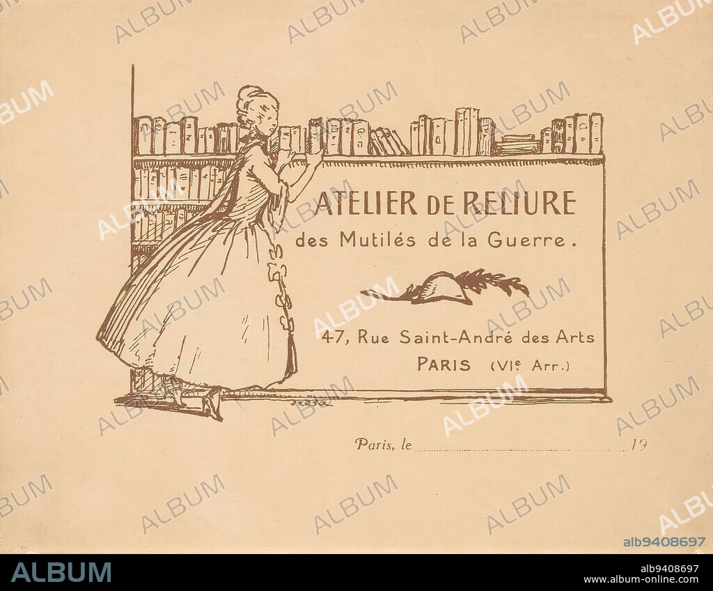 Business card from the Atelier de Reliure des Mutilés de la Guerre in Paris, A woman picks up a book from the top shelf of a bookcase. Between the text a helmet with a palm branch., print maker: unknown, (mentioned on object), in or after 1914, paper, height 123 mm × width 159 mm.