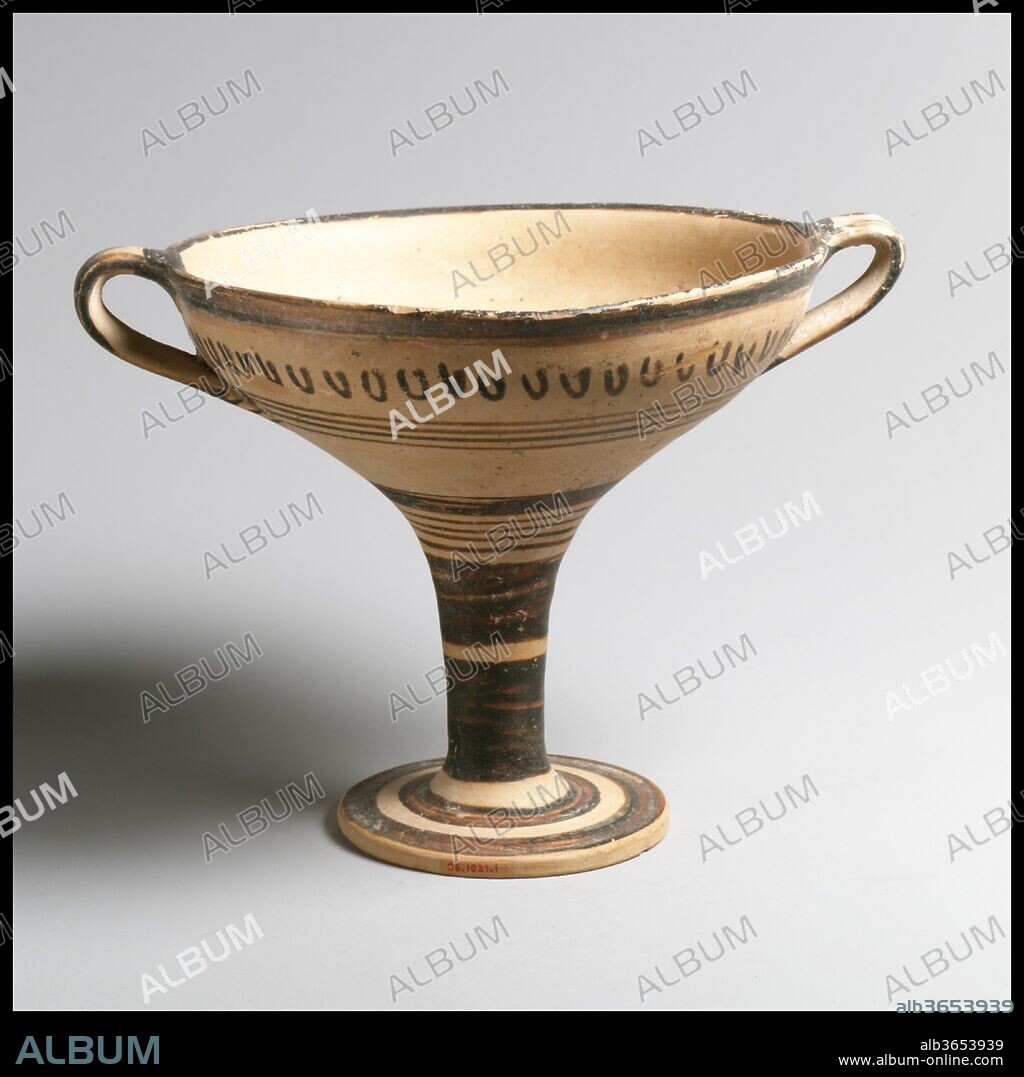 Terracotta kylix (drinking cup). Culture: Mycenaean. Dimensions: H. 4 13/16 in. (12.2 cm.)
Diam. 5 7/16 in. (13.8 cm.). Date: ca. 1400-1050 B.C..
Two-handled cup on high foot with bands and tongues around the body.