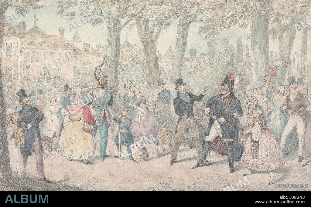 Illustration to R.S. Surtees', 'Jorrocks's Jaunts and Jollities:' 'Mr. Jorrocks Renounces the Acquaintance of the Yorkshireman', Henry Thomas Alken, 17851851, British, undated, Graphite and watercolor on medium, slightly textured, blued white, wove paper, Sheet: 4 1/8 × 6 9/16 inches (10.5 × 16.7 cm), argument, buildings, chairs, crowd, dog (animal), genre subject, literary theme, men, park (recreation area), people, trees, women.