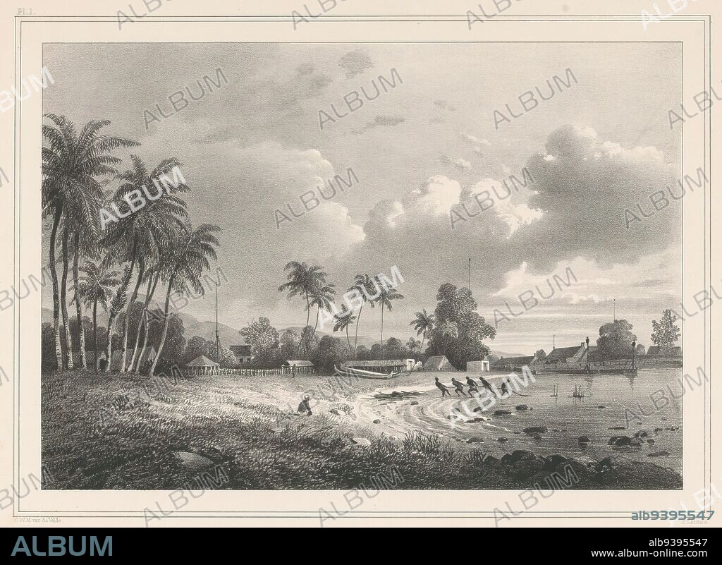 View of Anyar, Carnation (title on object), Java (series title on object), Gezigten uit Neêrlands Indië (series title on object), The city lies in a bay. Five men pulling something, possibly a net, out of the water. Numbered top left: Pl. I. The print is part of a cover with thirteen sheets., print maker: Paulus Lauters, (mentioned on object), after design by: Charles William Meredith van de Velde, (mentioned on object), publisher: Frans Buffa en Zonen, (mentioned on object), print maker: Brussels, after design by: Indonesia, publisher: Amsterdam, 1843 - 1845, paper, height 340 mm × width 510 mm.