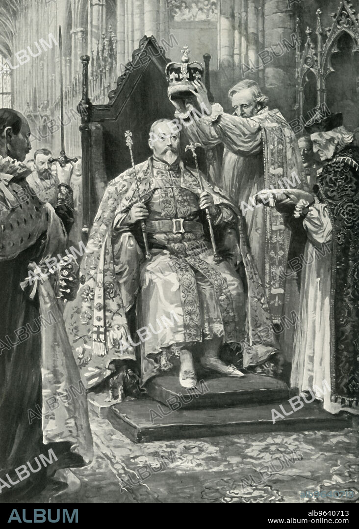 'The Crowning of Edward VII', 1902, (1911). The coronation of Edward VII and Alexandra, as King and Queen of the United Kingdom and the British Dominions, and as Emperor and Empress of India, took place at Westminster Abbey, London, on 9 August 1902. From "The Book of the Coronation". [Cassell and Company, Ltd., London, 1911].
