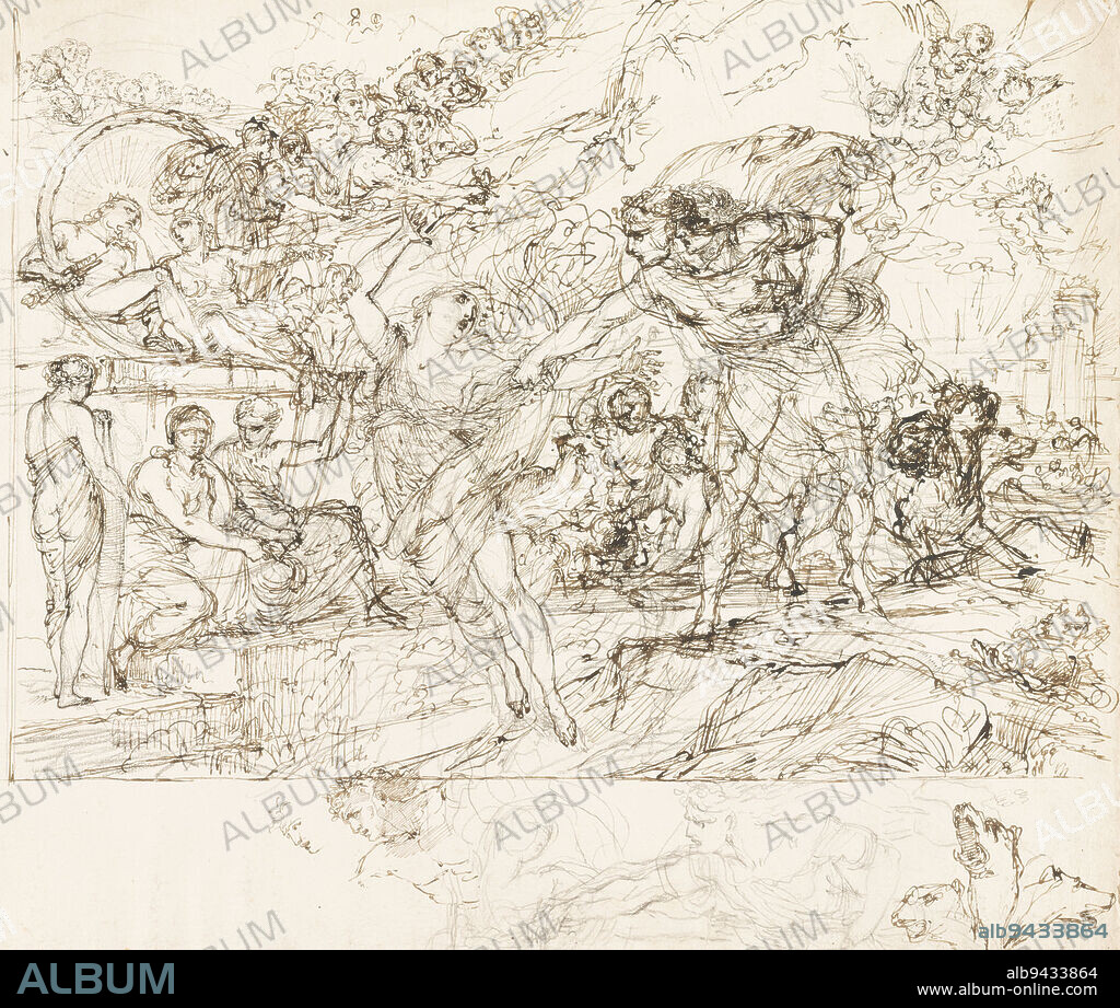 Orpheus and Eurydice in Hades (recto); Triumph of Bacchus in a Landscape (verso), c. 1800-1805, Pietro Fancelli, Italian, (Bologna), 1764 - 1850, 16 x 22 1/8 in. (40.64 x 56.2 cm) (sheet)23 5/8 × 29 5/8 in. (60.01 × 75.25 cm) (outer frame), Pen and brown ink over graphite, Italy, 18th century, Dense and rapidly executed, this drawing shows an artist freely exploring a subject for his own creative purposes. In this story from classical mythology, the poet and musician Orpheus attempts to rescue his bride, Eurydice, from the underworld. Journeying down into Hades he secures her release through the power of his music. But Pluto imposes a condition: Orpheus cannot look back at her until the two have emerged into the upper world. Fancelli depicted the fateful moment when Orpheus turns to look. As he grasps at her, Eurydice is pulled back into the depths.