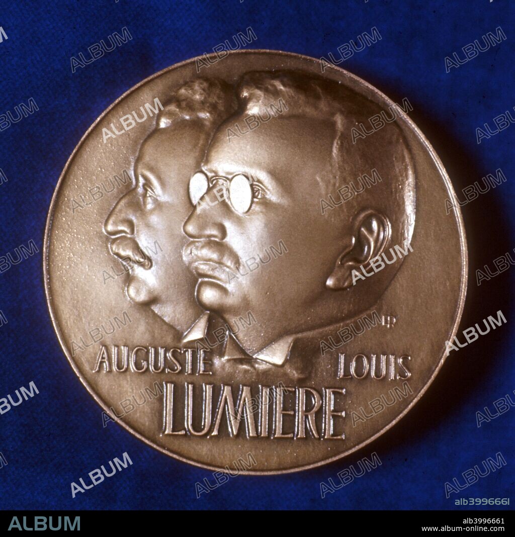 Obverse of medal commemorating 50 years of cinematography by the Lumiere brothers, 1945. August (1862-1954) and Louis Lumiere (1864-1948), French chemists and pioneers of cinematography.