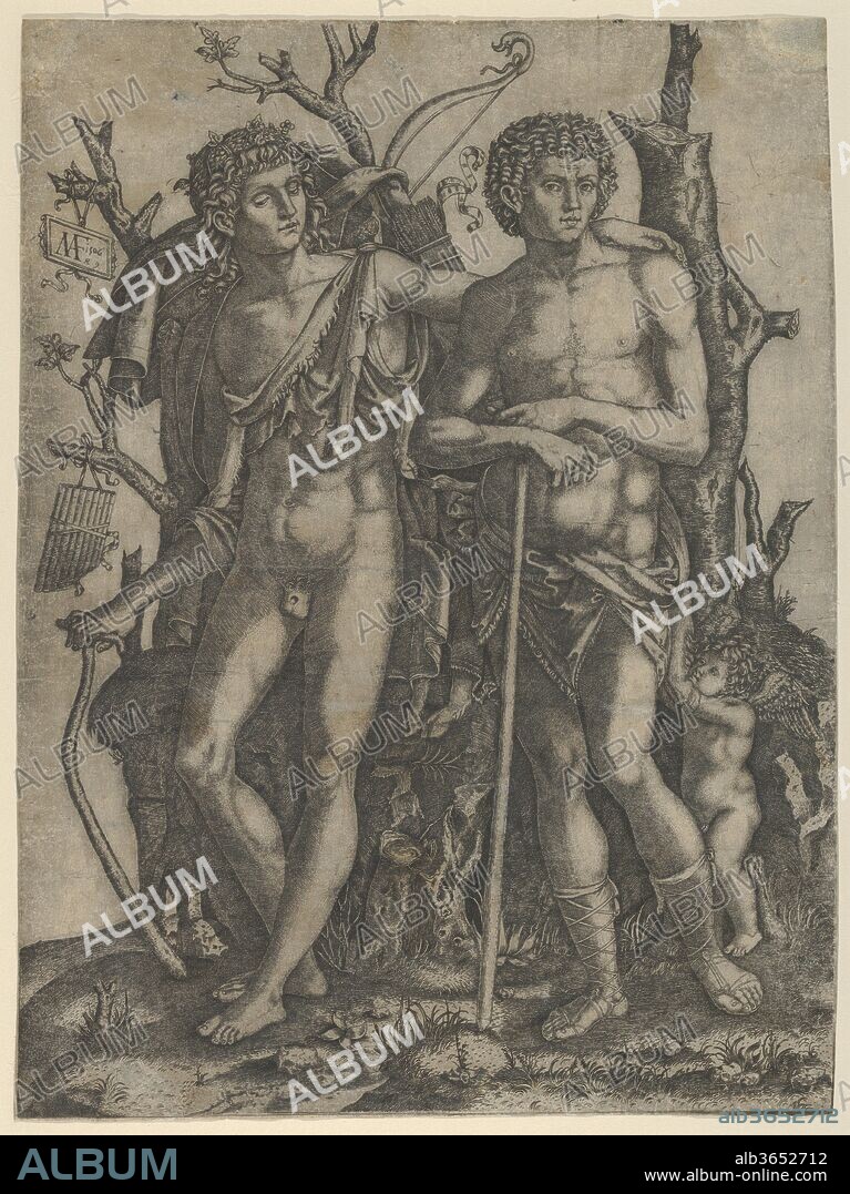 Apollo standing at the left, his hand resting on the shoulder of Hyacinthus, Cupid in the lower right. Artist: Marcantonio Raimondi (Italian, Argini (?) ca. 1480-before 1534 Bologna (?)); After (?) by Francesco Francia (Italian, Bologna ca. 1447-1517 Bologna). Dimensions: 11 3/4 x 8 3/4 in.  (29.9 x 22.3 cm). Date: 1506.