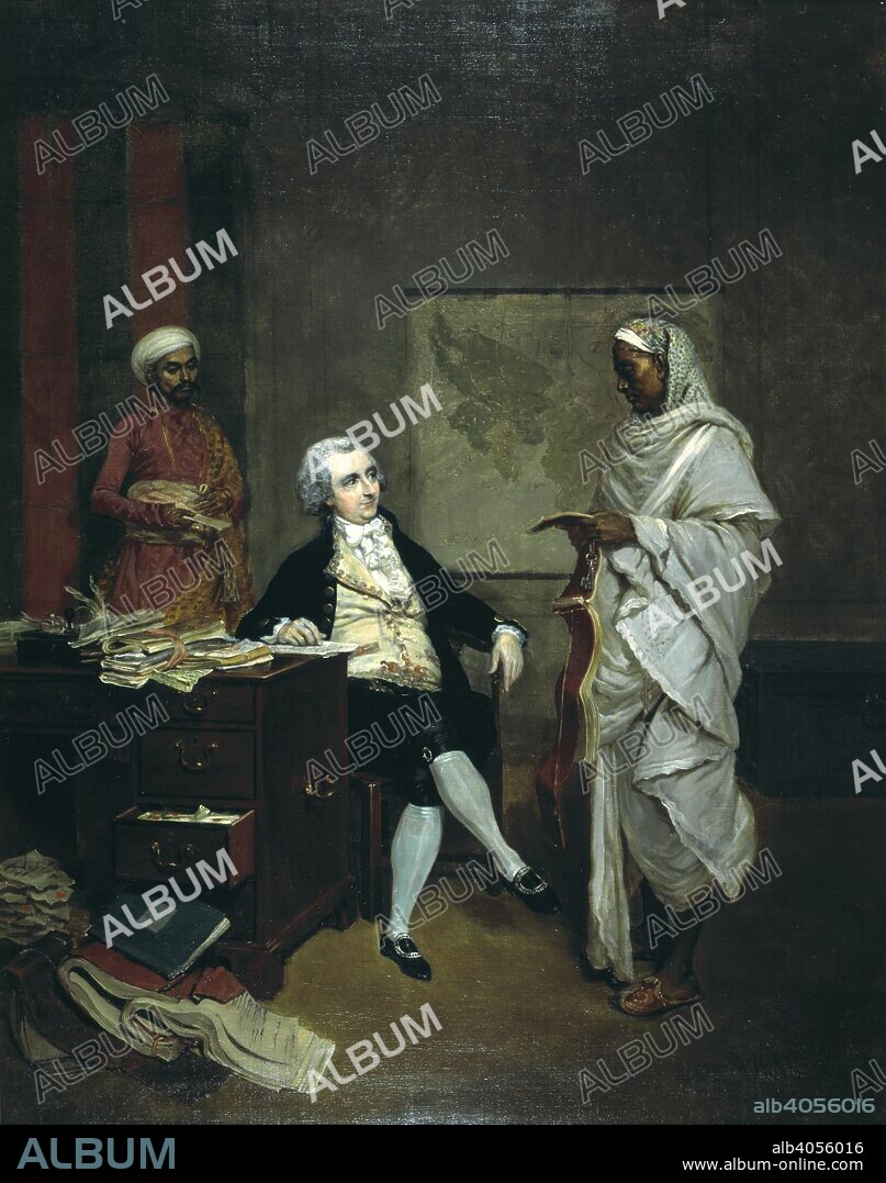 THOMAS HICKEY. John Mowbray, Calcutta merchant, seated at a desk piled with account books, attended by a banian or money agent and messenger. c.1790. Oil on canvas. Source: Foster 638,.