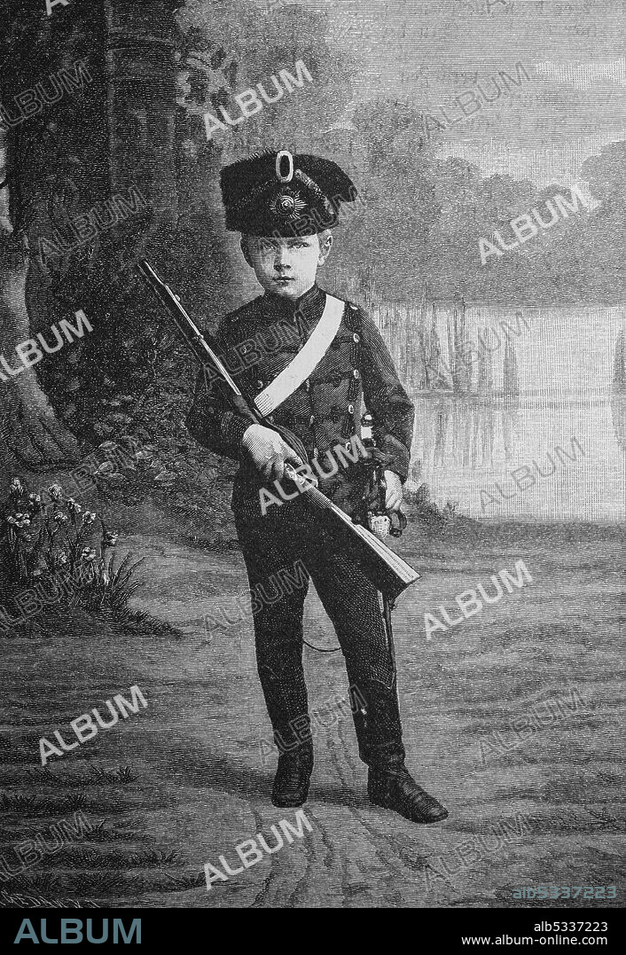 The emperor's oldest great-grandson in his first military uniform with rifle, child with imitation weapon, 1887, Germany  /  Des Kaiser ältester Urenkel in seiner ersten Militärunifom mit Gewehr, Kind mit Waffe Imitat, 1887, Deutschland, Historisch, historical, digital improved reproduction of an original from the 19th century / digitale Reproduktion einer Originalvorlage aus dem 19. Jahrhundert.