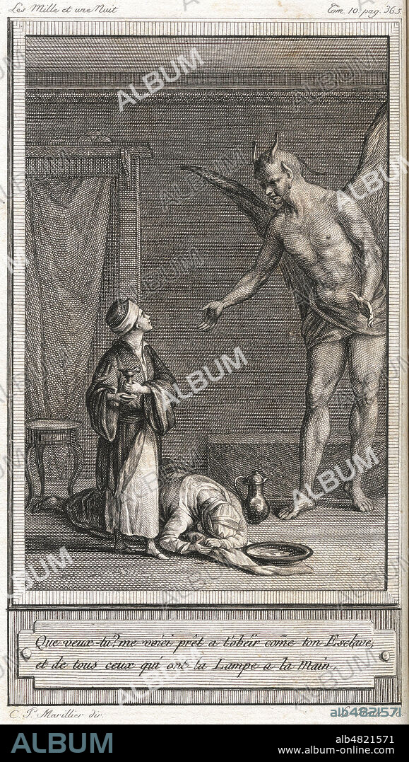 Histoire d'Aladdin ou la lampe merveilleuse. Que veux-tu ? me voici pret a t'obeir comme ton esclave et de tous ceux qui ont la lampe a la main. Gravure de Clement-Pierre MARILLIER (1740-1808) pour Le Cabinet des Fees de 1785. Credit : Collection Kharbine Tapabor.