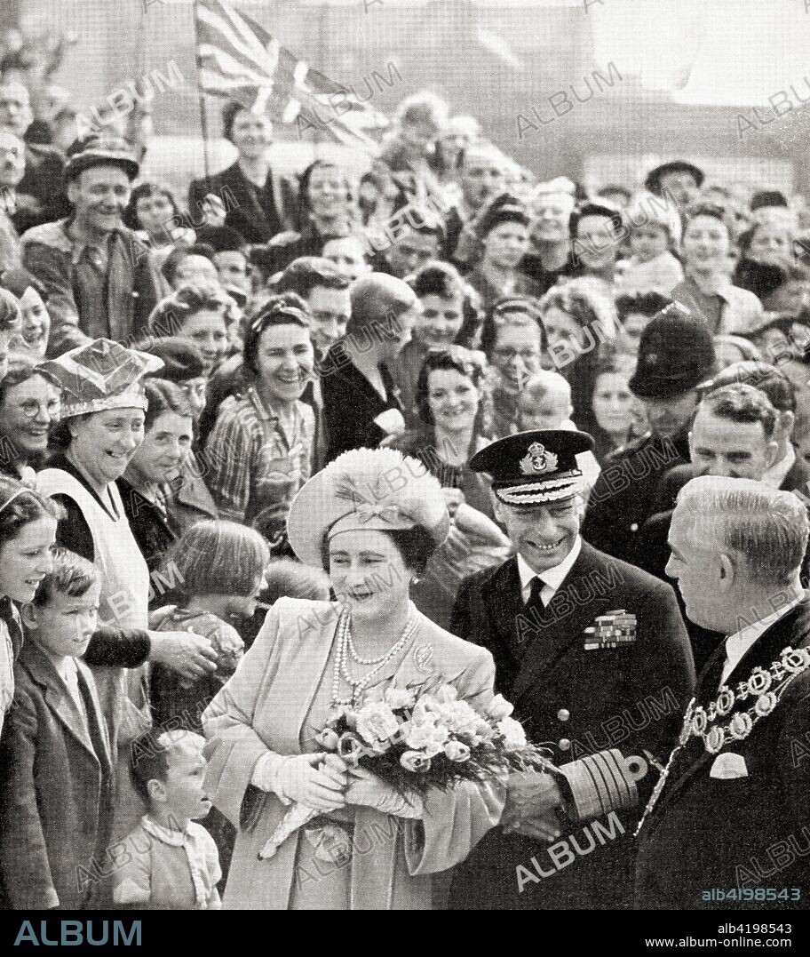 King George VI and Queen Elizabeth on their victory tour of London at the end of WWII in 1945.   George VI, 1895 - 1952.  King of the United Kingdom and the Dominions of the British Commonwealth.   Queen Elizabeth, The Queen Mother.  Elizabeth Angela Marguerite Bowes-Lyon, 1900 - 2002.  Wife of King George VI and mother of Queen Elizabeth II.