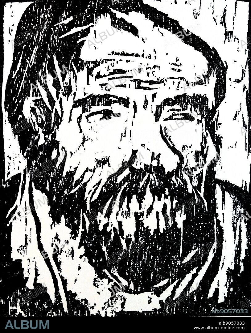 Woodcut portrait of a bearded man by Erich Heckel (1883-1970) German painter and printmaker, and a founding member of the Die Brücke group. Dated 1908.