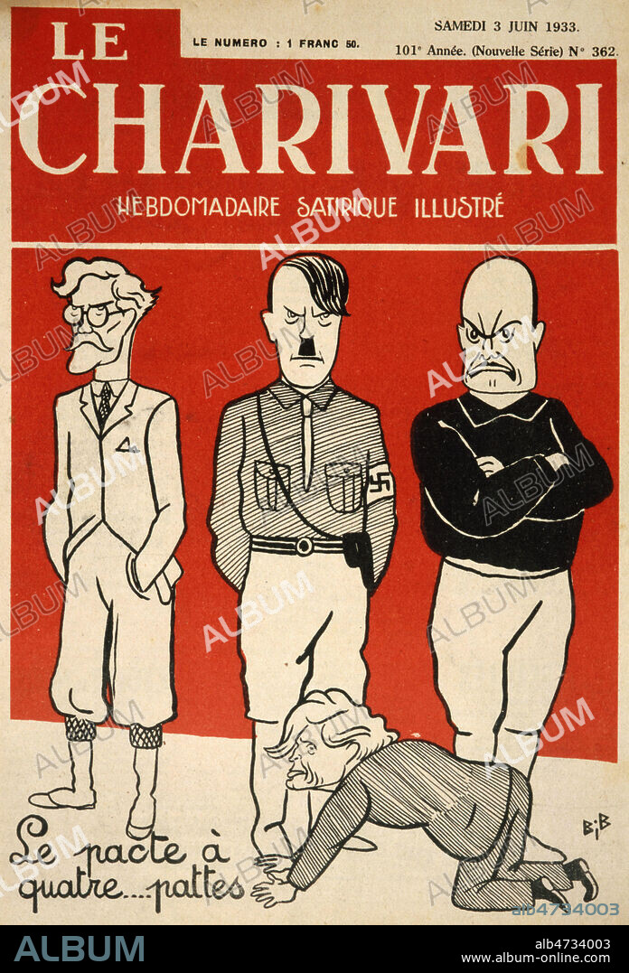 'Le pacte a quatre... pattes' avec MUSSOLINI, CHAMBERLAIN et HITLER . Illustration de BIB (1904-1962) pour Le Charivari de 1933. ADAGP. Credit : Collection KHARBINE-TAPABOR.