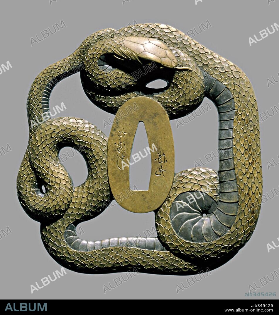 Tsuba, japanese figure of serpent, round guard at the end of the grip of a sword) Edo period, XVIII century.