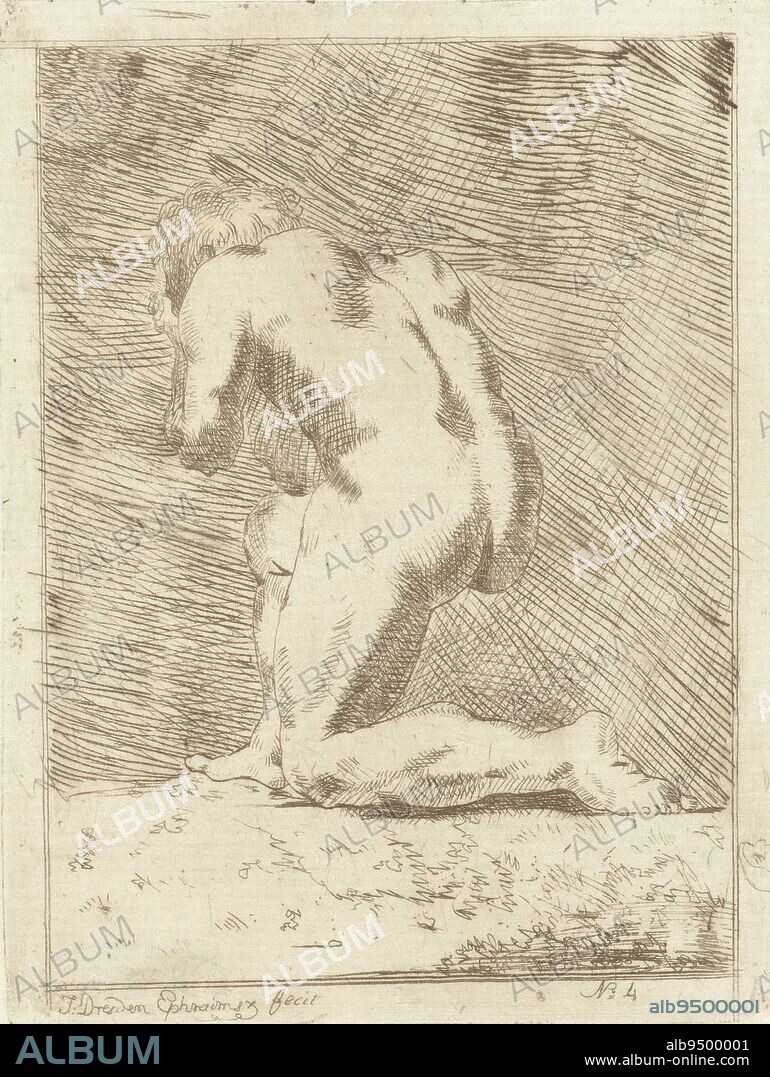 Naked man kneeling on his back., print maker: J. Ephraimszoon Dresden, (mentioned on object), 1800 - 1808, paper, etching, h 105 mm × w 80 mm.